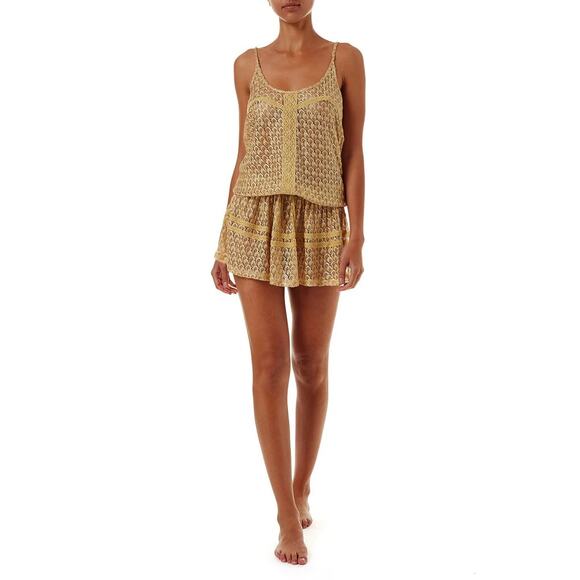 MELISSA ODABASH KHLOE GOLD KNIT OVER THE SHOULDER DRESS - Picture 1 of 7